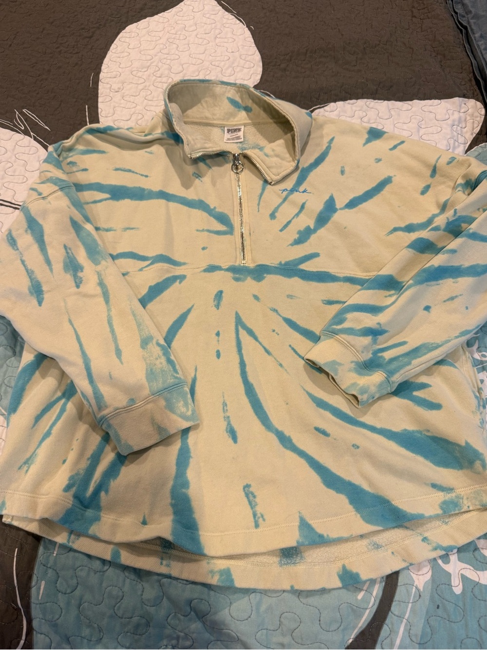 PINK Victoria's Secret Kids Tie-Dye Quarter-Zip Pullover - Blue & Cream large - Picture 1 of 3